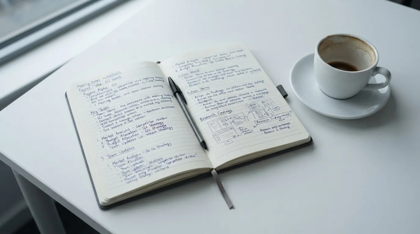 Ein aufgeschlagenes Notizbuch mit handschriftlichen Notizen und ein Kugelschreiber liegen auf einem hellen Schreibtisch neben einer Kaffeetasse.