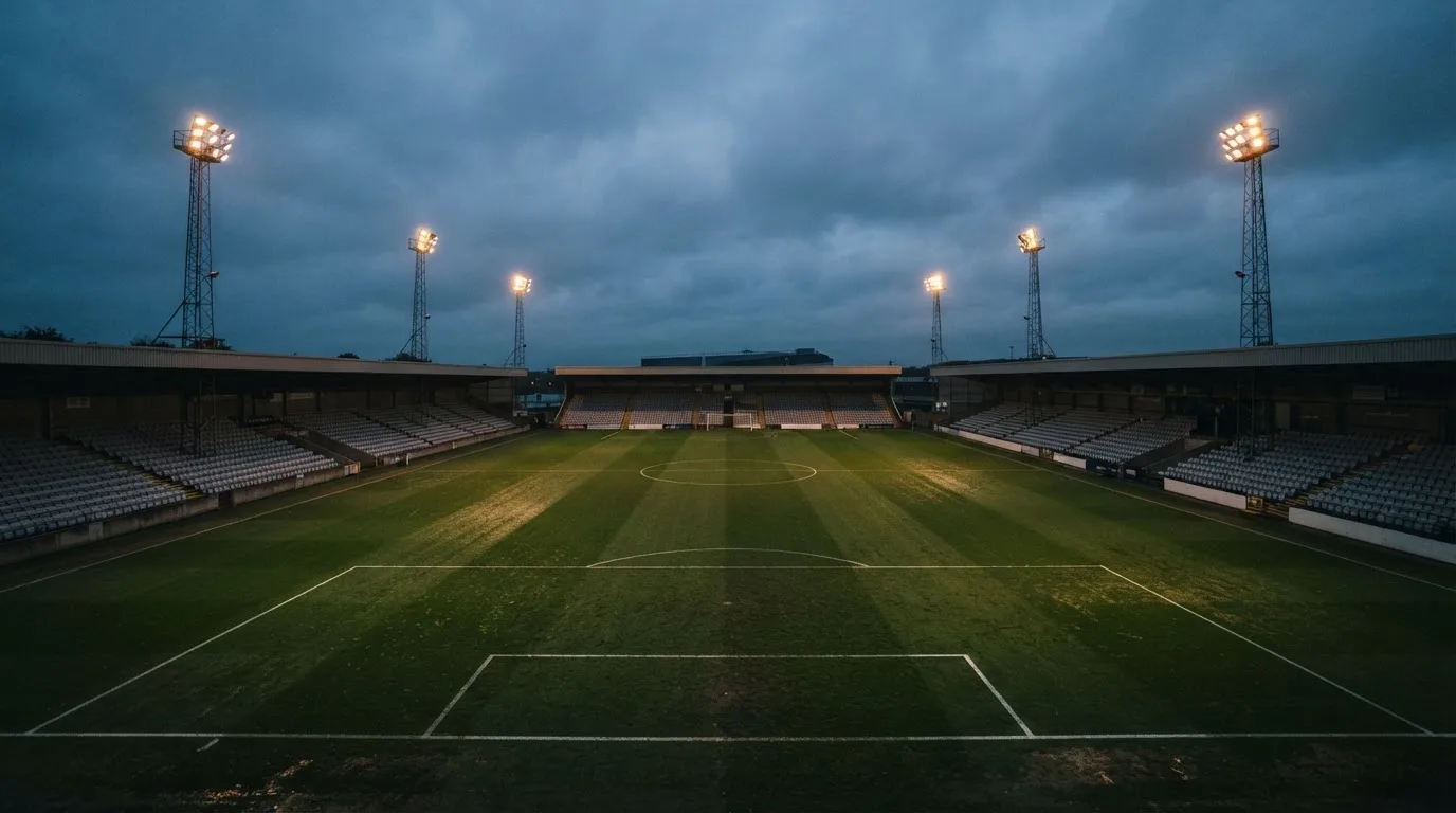 Ein Fußballplatz mit Flutlichtmasten in der Abenddämmerung, aus der Ferne gesehen, leere Tribünen und nasser Rasen unter bewölktem Himmel.