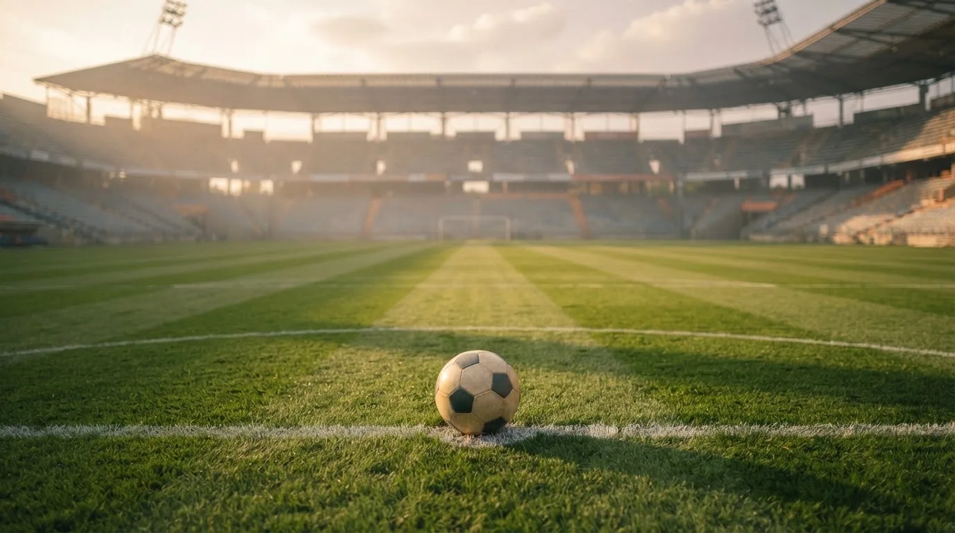 Ein Fußball liegt auf dem Elfmeterpunkt eines leeren Rasenplatzes, im Hintergrund eine Tribüne im Dunst.