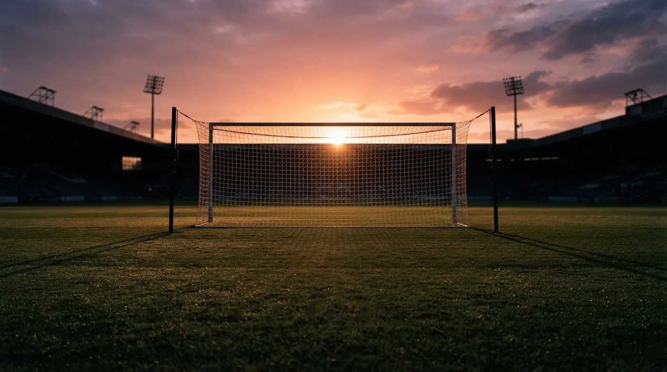 Ein Fußballtor mit Netz bei Sonnenuntergang auf einem leeren Platz, die Schatten der Torpfosten liegen lang auf dem Gras.