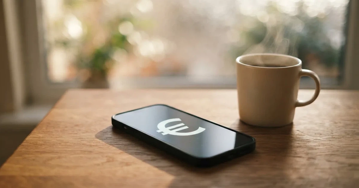 Zwei Euro-Scheine und ein Smartphone liegen auf einem Holztisch neben einer Tasse, im Hintergrund ein unscharfes Fenster.