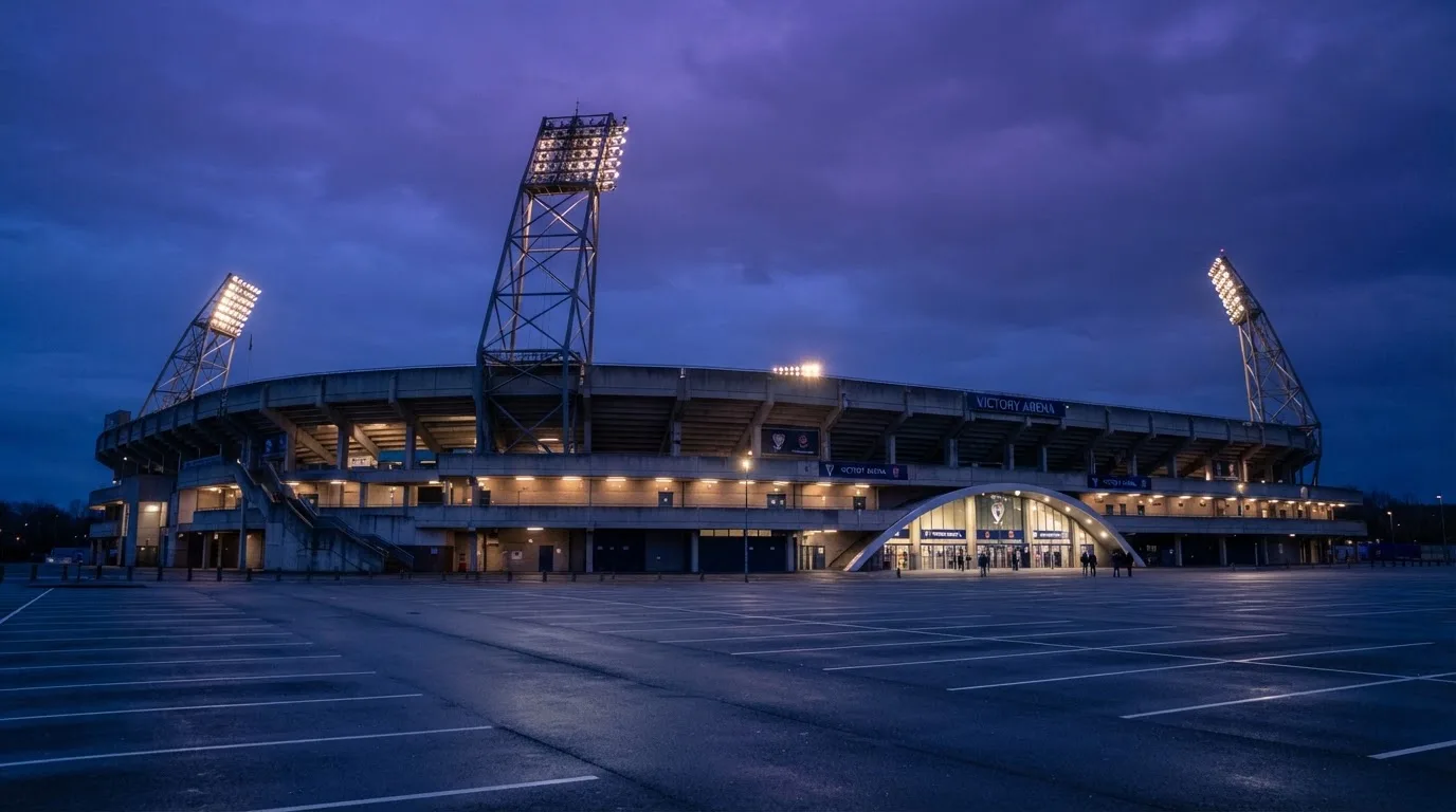 Ein Fußballstadion von außen in der Dämmerung, hohe Flutlichtmasten vor einem violetten Himmel, davor ein leerer Parkplatz.