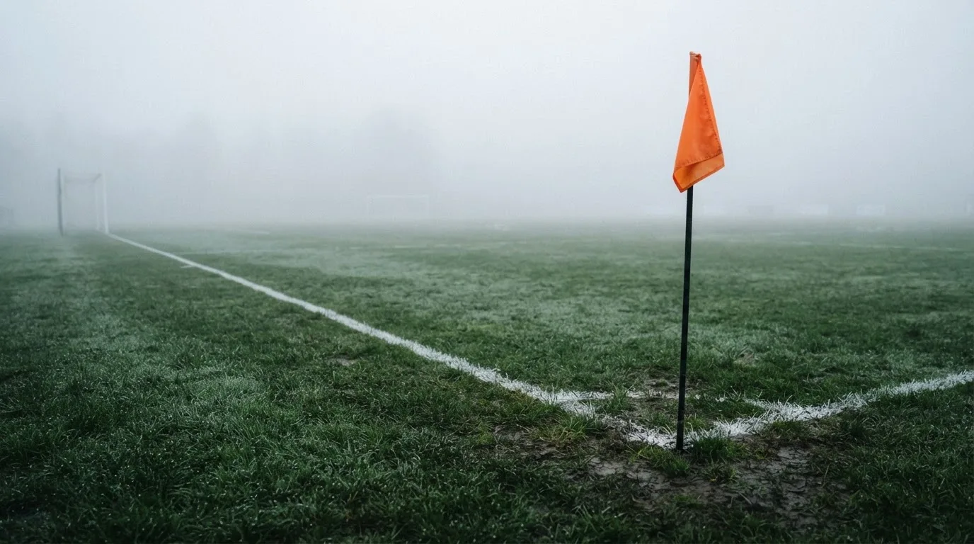 Der Rand eines Spielfelds mit weißer Linie und Eckfahne bei Nebel am frühen Morgen, ohne Menschen.