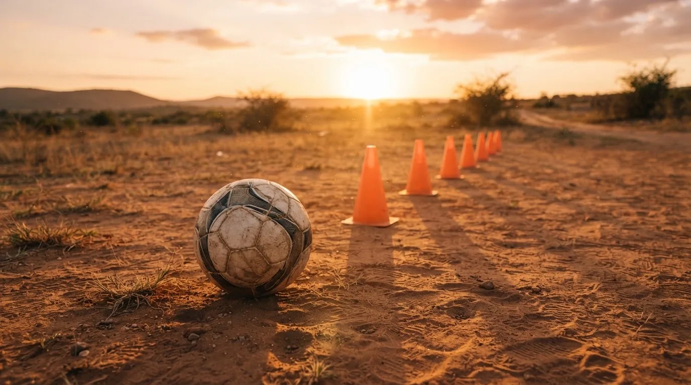 Ein Fußball auf rotem Sandboden neben einer Reihe Hütchen auf einem Trainingsplatz bei untergehender Sonne.