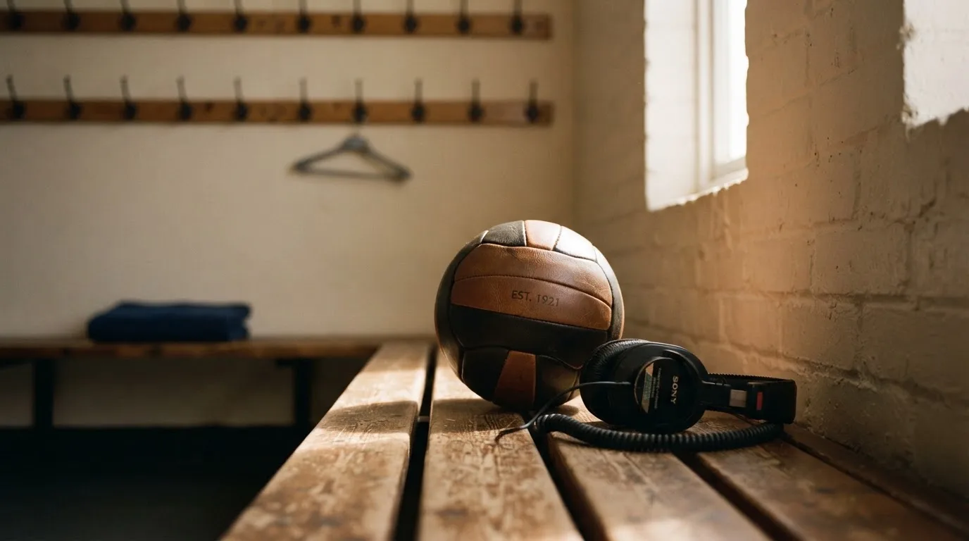 Ein Fußball liegt neben Kopfhörern auf einer Holzbank in einer Umkleide, Licht fällt durch ein schmales Fenster.