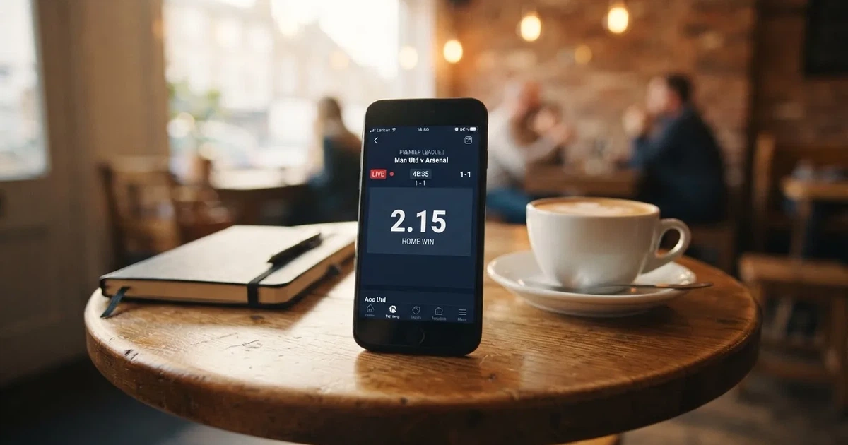 Ein Smartphone mit dunklem Bildschirm liegt auf einem Tisch in einem Café, daneben eine Tasse und ein Notizbuch.