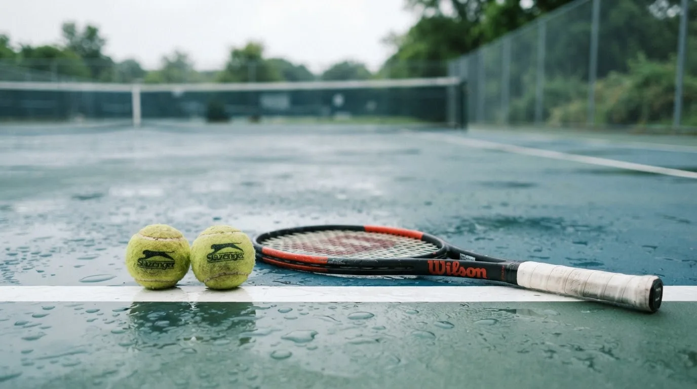 Zwei Tennisbälle und ein Schläger liegen auf der Grundlinie eines Hartplatzes, kleine Wassertropfen glänzen auf dem Belag.