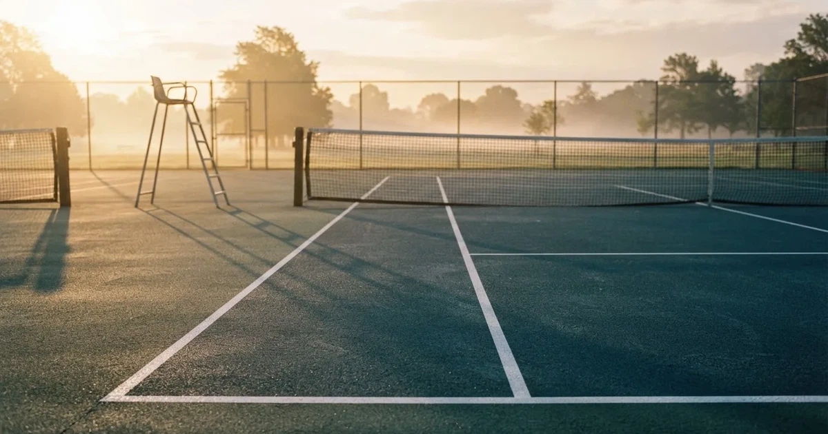 Ein leerer Tennisplatz mit Hartplatzbelag in der Morgendämmerung, das Netz im Gegenlicht und lange Schatten der Linien.