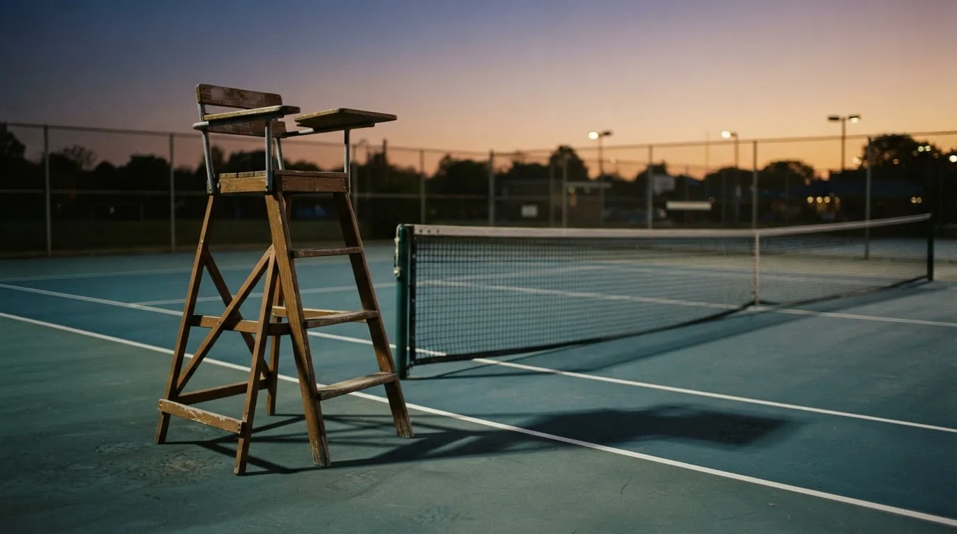 Ein leerer Schiedsrichterstuhl am Spielfeldrand eines Tennisplatzes im Abendlicht, lange Schatten auf dem Belag.