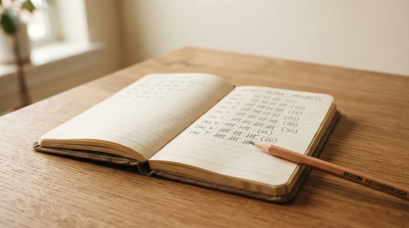 Ein handschriftlich geführtes Heft mit Strichlisten liegt neben einem Bleistift auf einem Tisch, seitlich fällt Tageslicht herein.