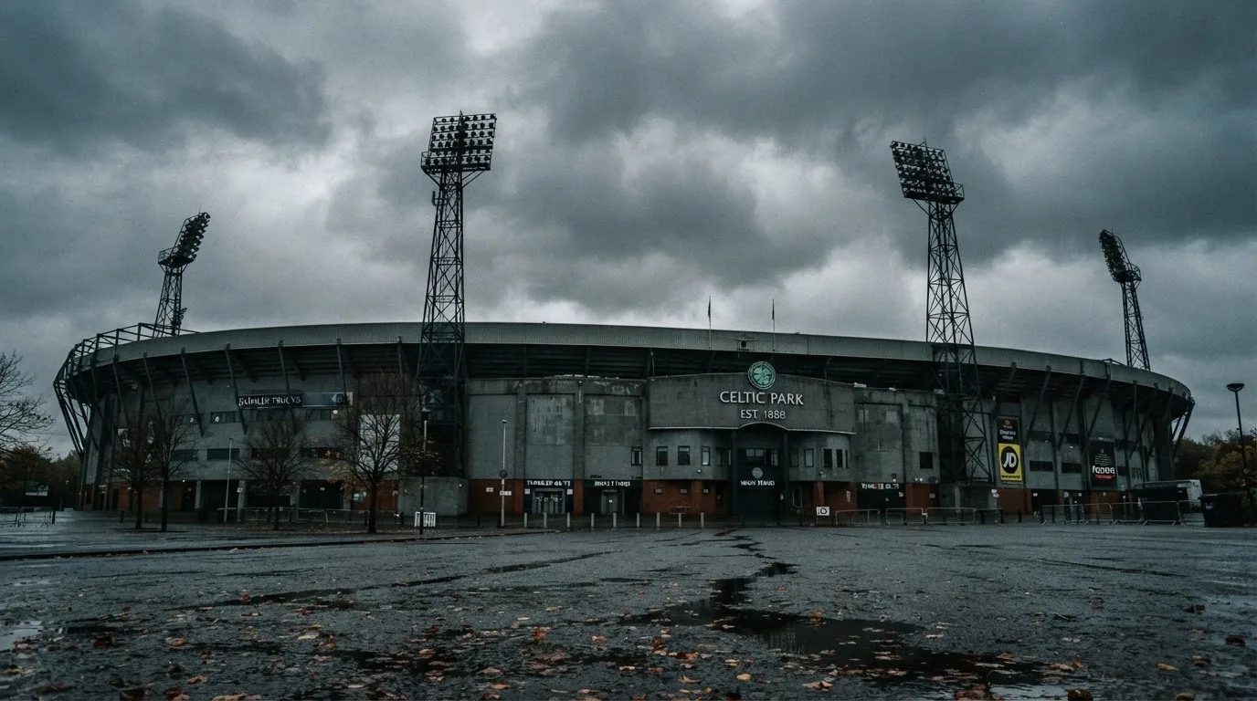 Ein leeres Stadion von außen, hohe Flutlichtmasten vor einem grauen Himmel mit Regenwolken.