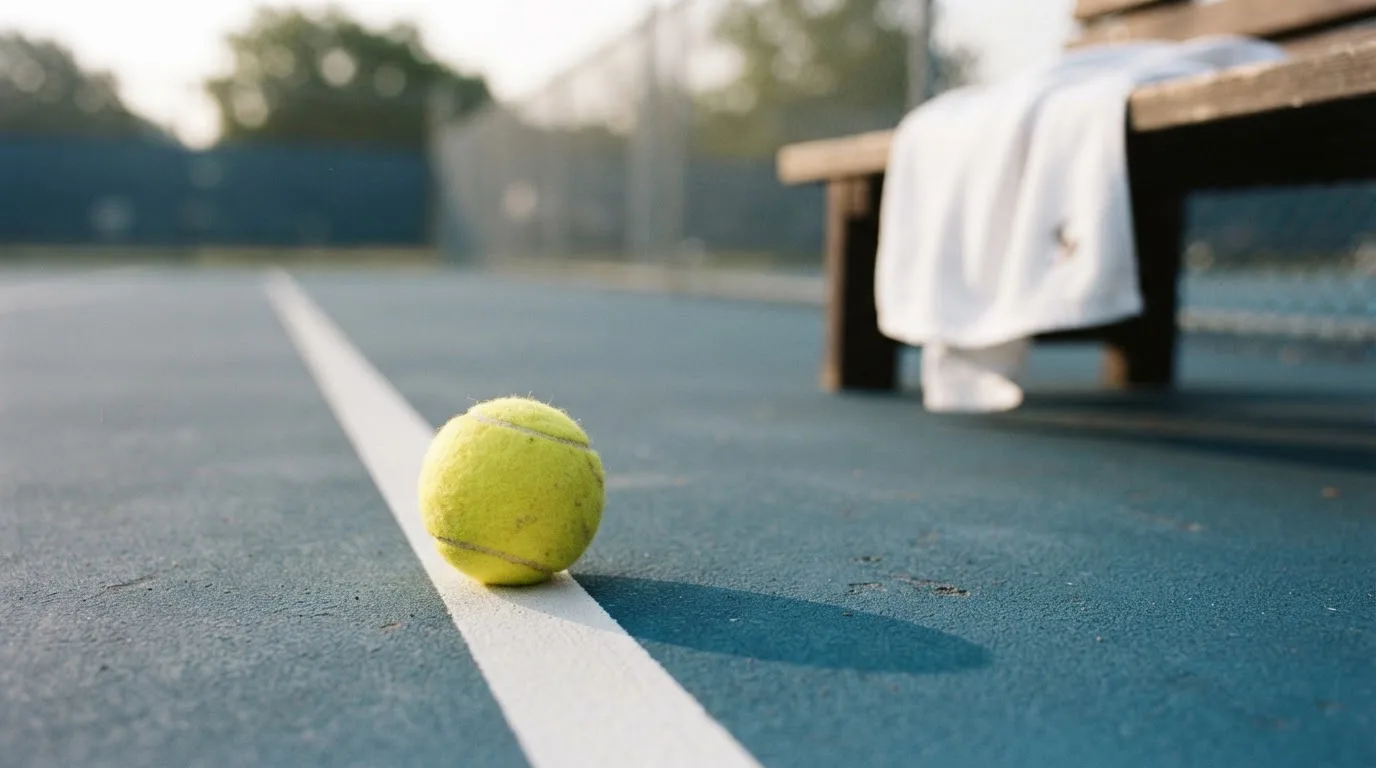 Ein gelber Tennisball liegt auf einer weißen Linie, daneben ein Handtuch auf einer Bank am Spielfeldrand.