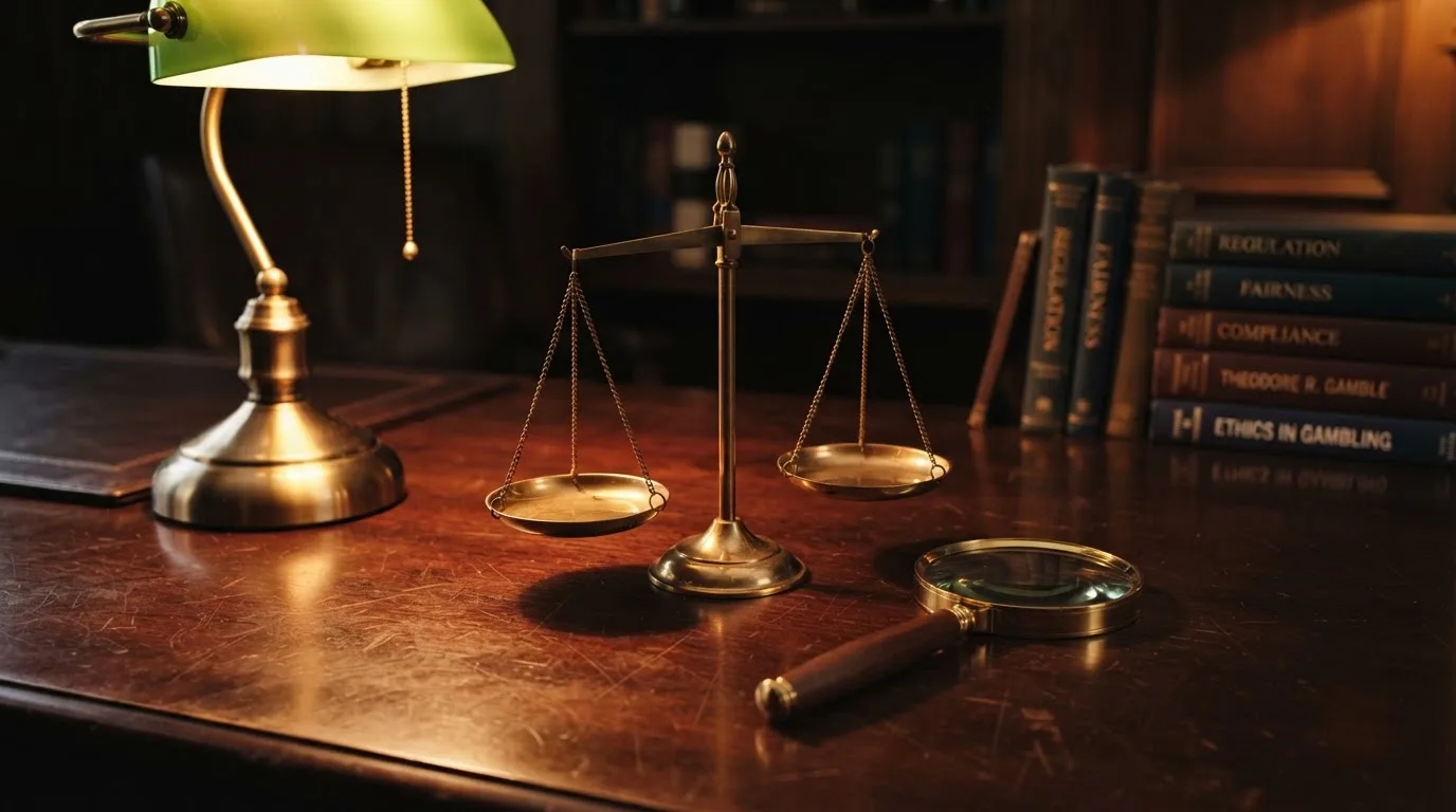 Eine Waage aus Messing steht neben einer Lupe auf einem polierten Schreibtisch im Licht einer Lampe.