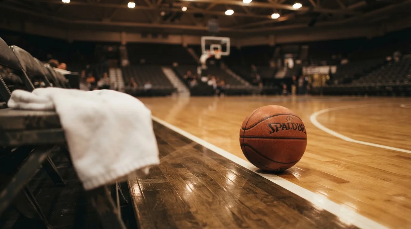Ein Basketball liegt auf der Freiwurflinie einer Halle, im Vordergrund ein Handtuch auf einer Bank.