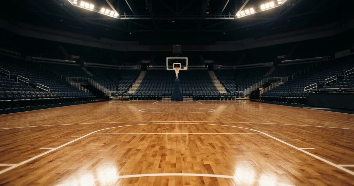 Eine leere Basketballhalle mit glänzendem Parkett und einem Korb im Hintergrund, Licht von Deckenstrahlern spiegelt sich im Boden.
