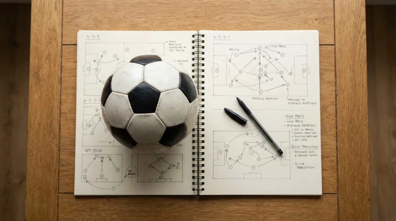 Ein Fußball liegt auf einem Notizbuch mit handgezeichneten Skizzen von Spielzügen, aufgenommen von oben auf einem Holztisch.