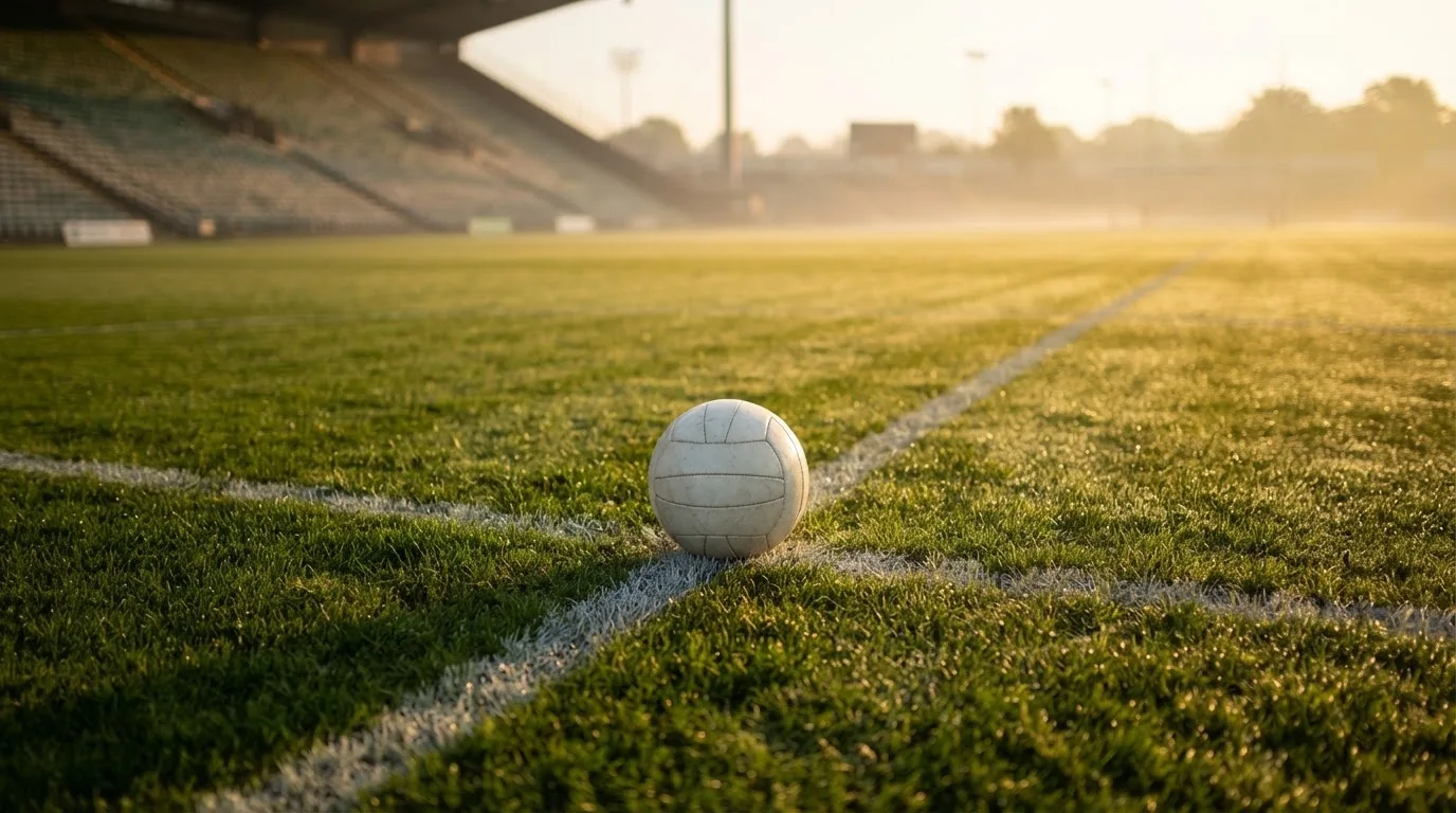 Ein Fußball liegt auf dem Anstoßpunkt eines Rasens bei Sonnenaufgang, Tau glitzert auf den Halmen.