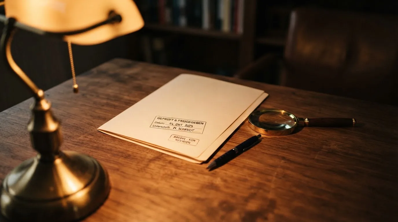 Ein Schreibtisch mit Kugelschreiber, Lupe und einem geschlossenen Ordner ohne Beschriftung in warmem Lampenlicht.