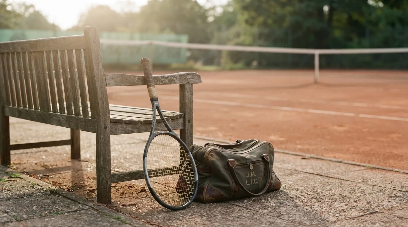 Ein Tennisschläger lehnt an einer Bank neben einer Sporttasche, im Hintergrund ein leerer Platz.