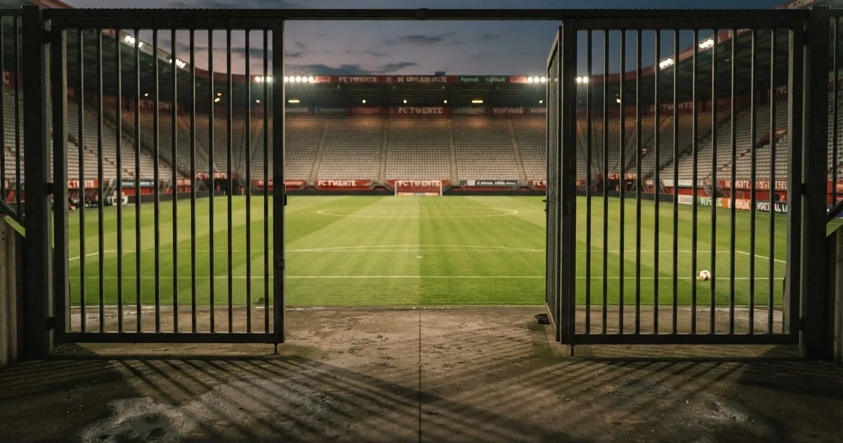 Blick durch ein Stadiontor auf einen grünen Rasen im Abendlicht, ein Ball ruht an der Eckfahne, die Tribünen sind leer.