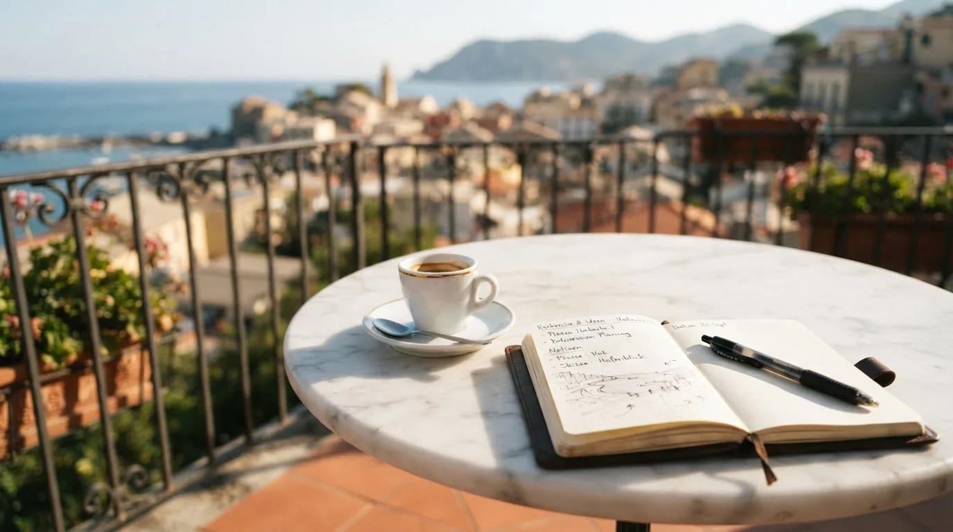 Eine Espressotasse steht auf einem kleinen Marmortisch einer Terrasse, daneben ein Notizheft mit handschriftlichen Skizzen.