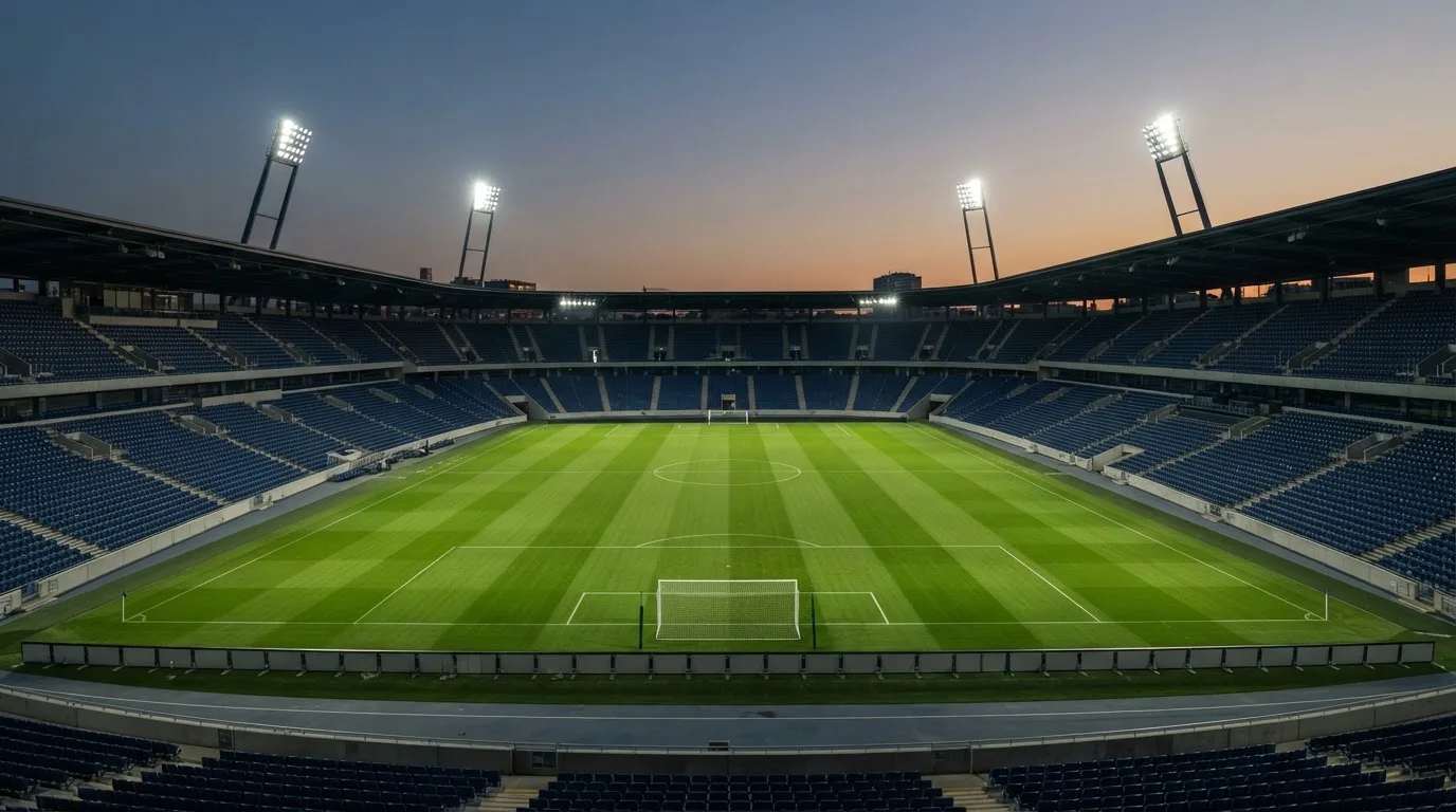 Eine leere Stadiontribüne unter Flutlicht aus der Ferne betrachtet, die Rasenfläche leuchtet grün in der Dämmerung.