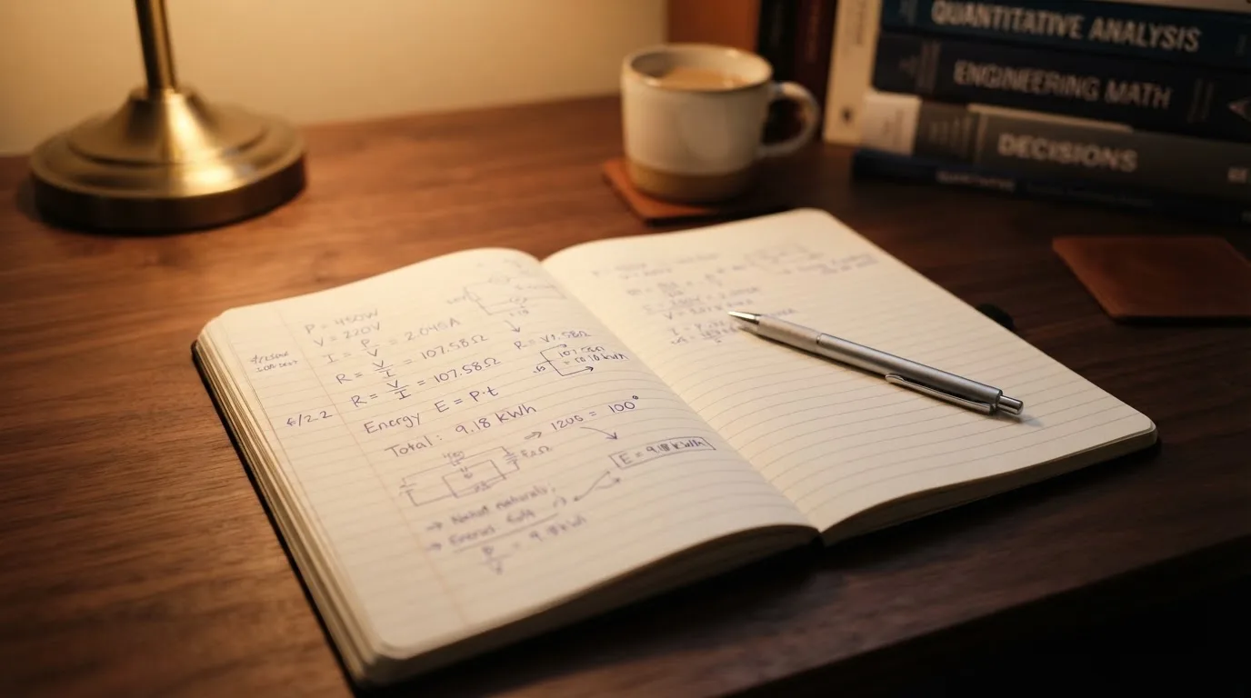 Ein Notizbuch mit handschriftlichen Rechnungen und ein Taschenrechner liegen auf einem aufgeräumten Schreibtisch in warmem Licht.