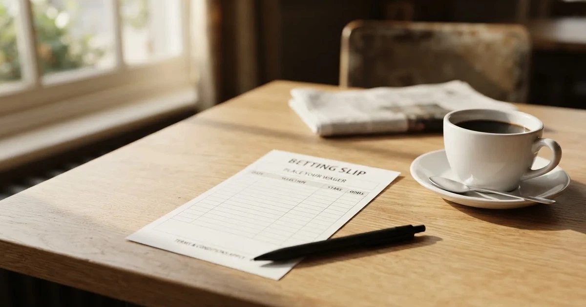 Ein leerer Papier-Wettschein liegt neben einem Kugelschreiber und einer Kaffeetasse auf einem hellen Holztisch, Tageslicht von links.