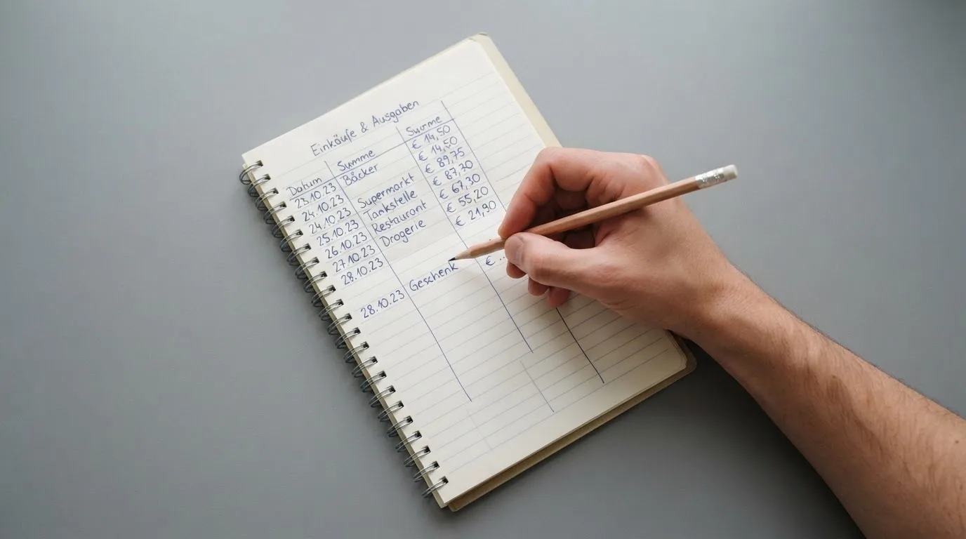 Ein Taschenrechner, ein Bleistift und ein Block mit handschriftlichen Zahlenreihen liegen auf einer grauen Arbeitsfläche.