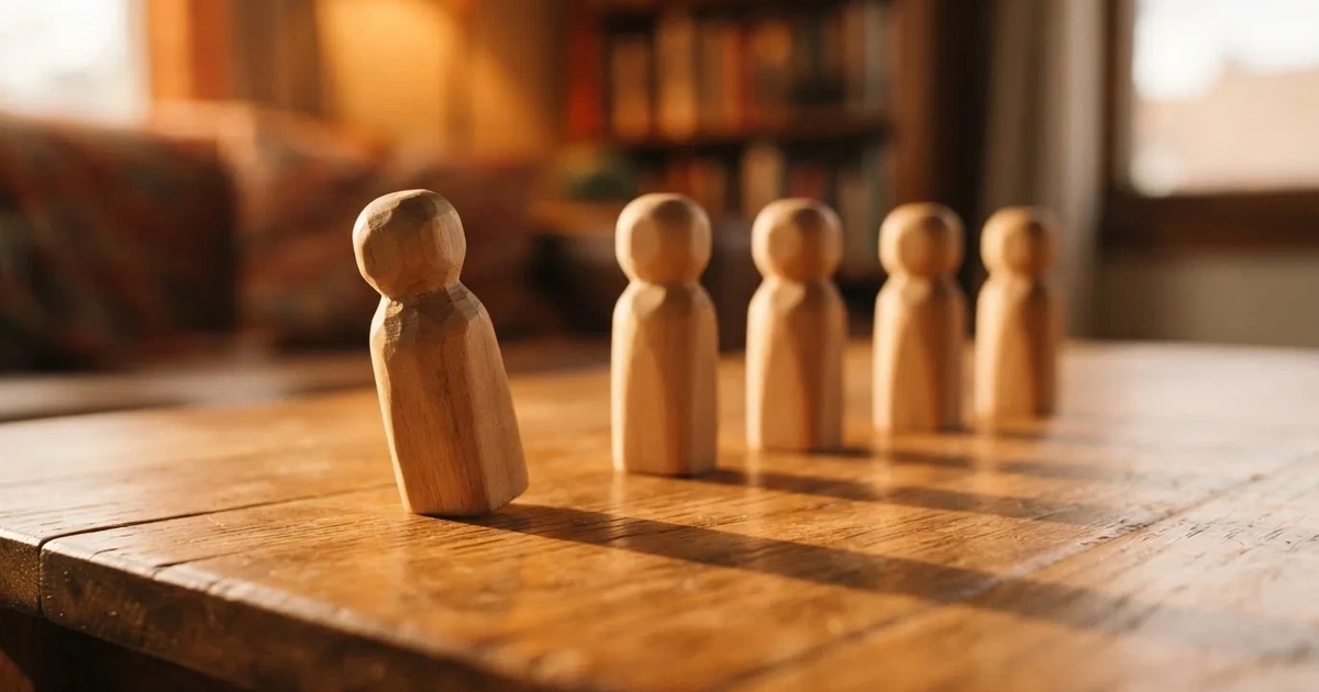Fünf Holzfiguren stehen in einer Reihe auf einem Tisch, die erste Figur ist leicht nach vorn gerückt.