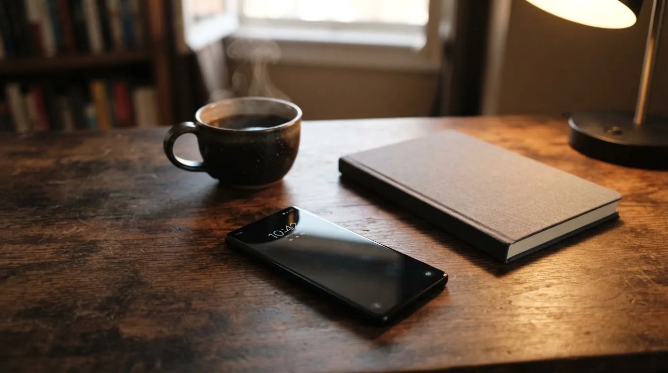 Ein Smartphone liegt mit dunklem Display auf einem Schreibtisch neben einem Notizbuch und einer Kaffeetasse.