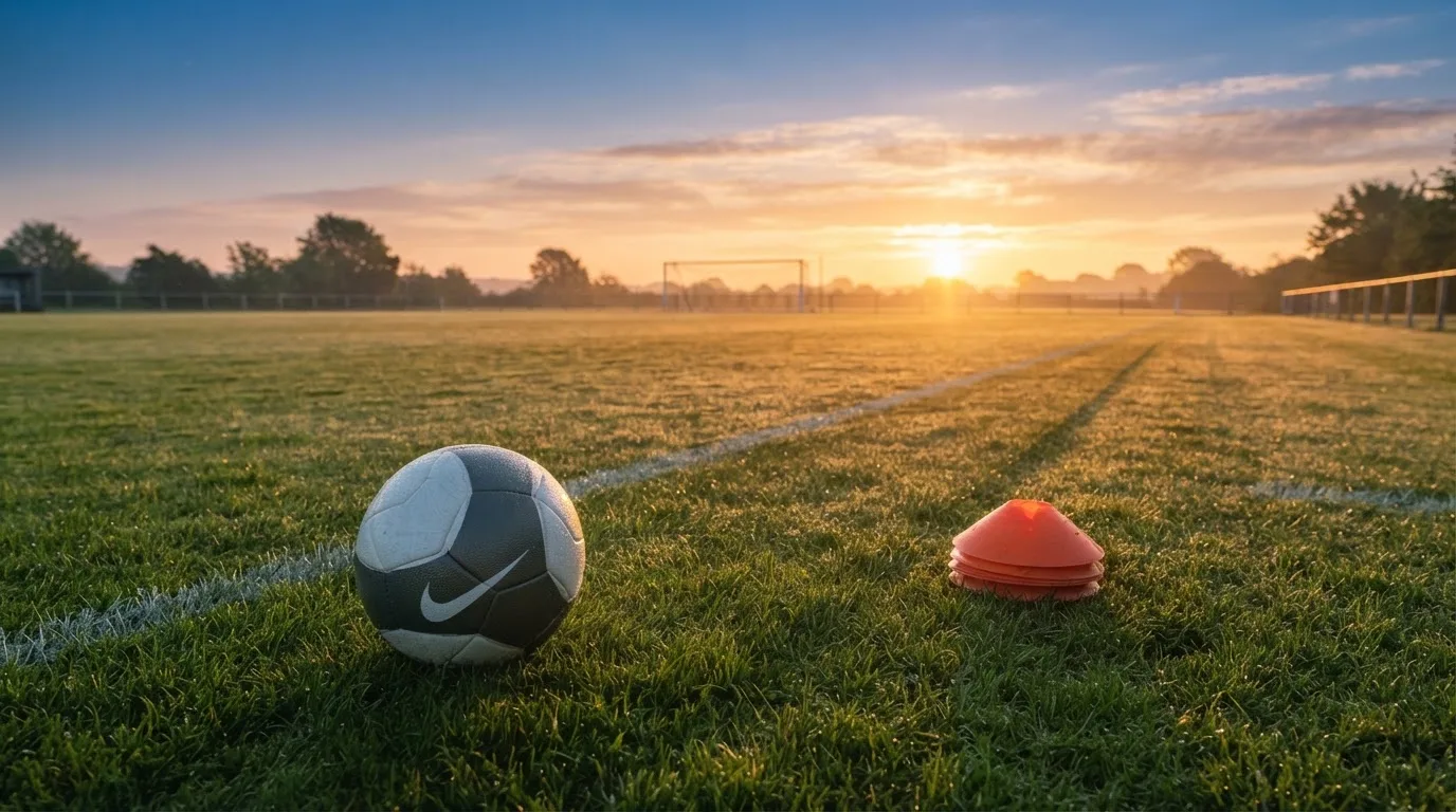 Ein Fußball liegt auf einem Rasenplatz bei Sonnenaufgang, daneben ein kleiner Stapel Trainingshütchen.