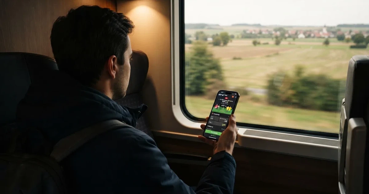 Eine Hand hält ein Smartphone mit dunklem Display in einem Zug, am Fenster ziehen verschwommen Felder vorbei.