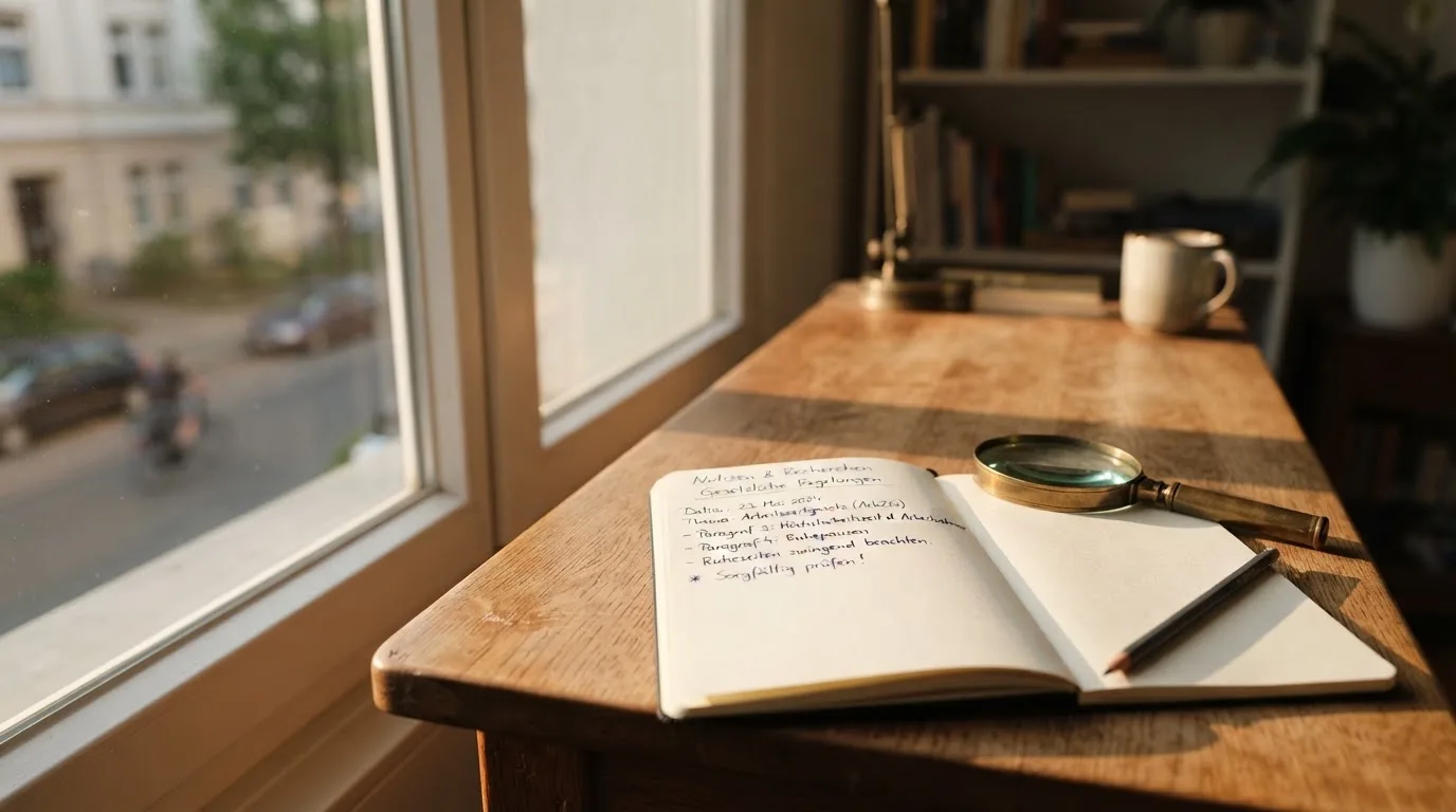 Ein schmaler Schreibtisch am Fenster mit einem Notizbuch, einer Lupe und einem Bleistift im Morgenlicht.