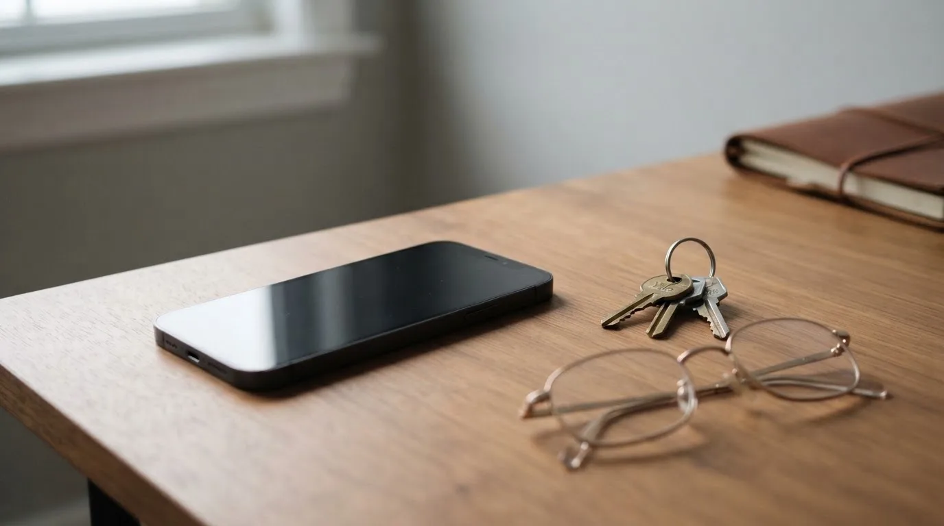 Ein Smartphone liegt mit dunklem Display auf einem Schreibtisch neben einem Schlüsselbund und einer Brille.