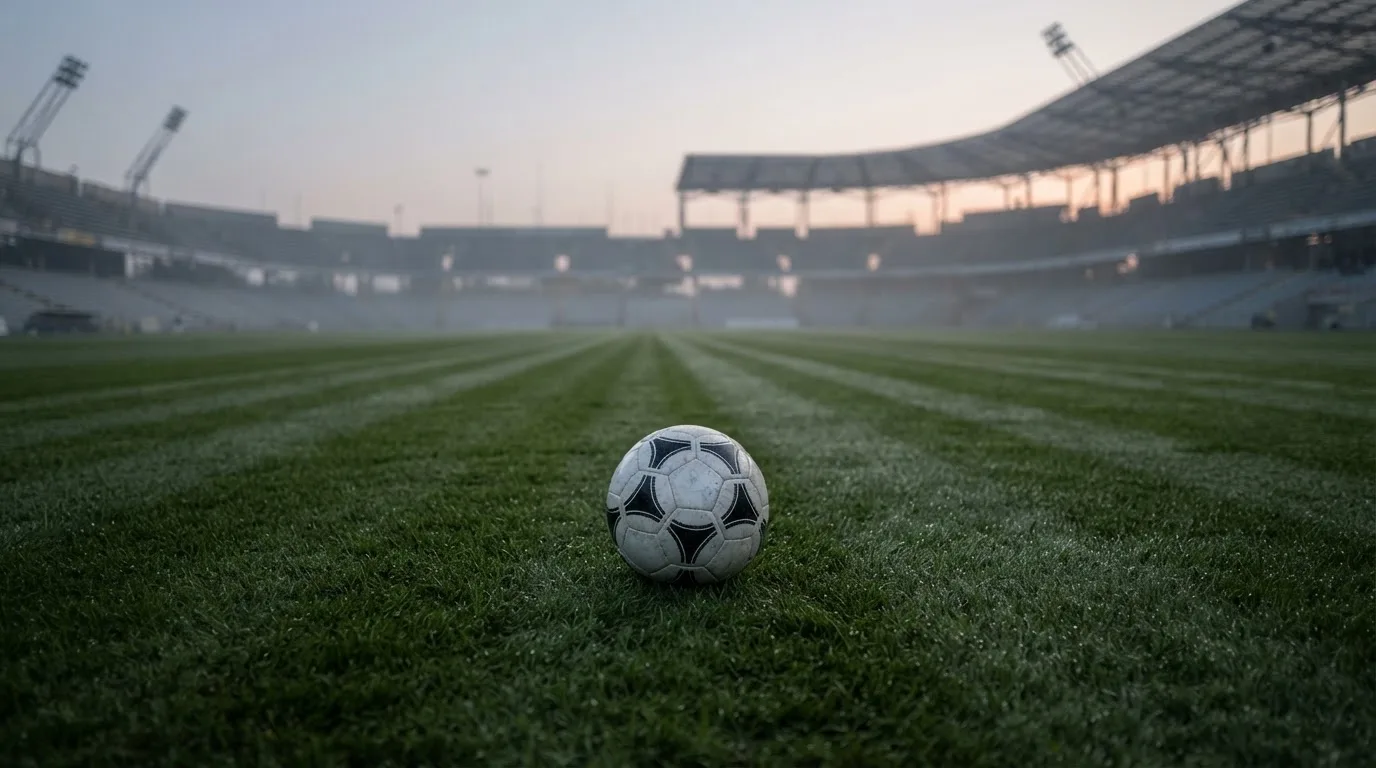 Ein Fußball liegt auf einem leeren Rasenplatz im Dunst des frühen Morgens, die Tribünen im Hintergrund sind verschwommen.