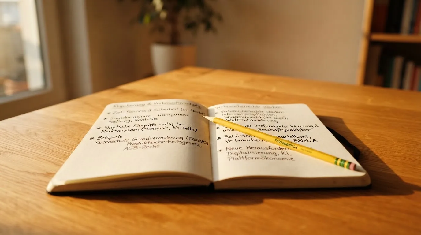 Ein Notizbuch mit handgeschriebenen Stichpunkten und ein Bleistift liegen auf einem Holztisch im Morgenlicht.