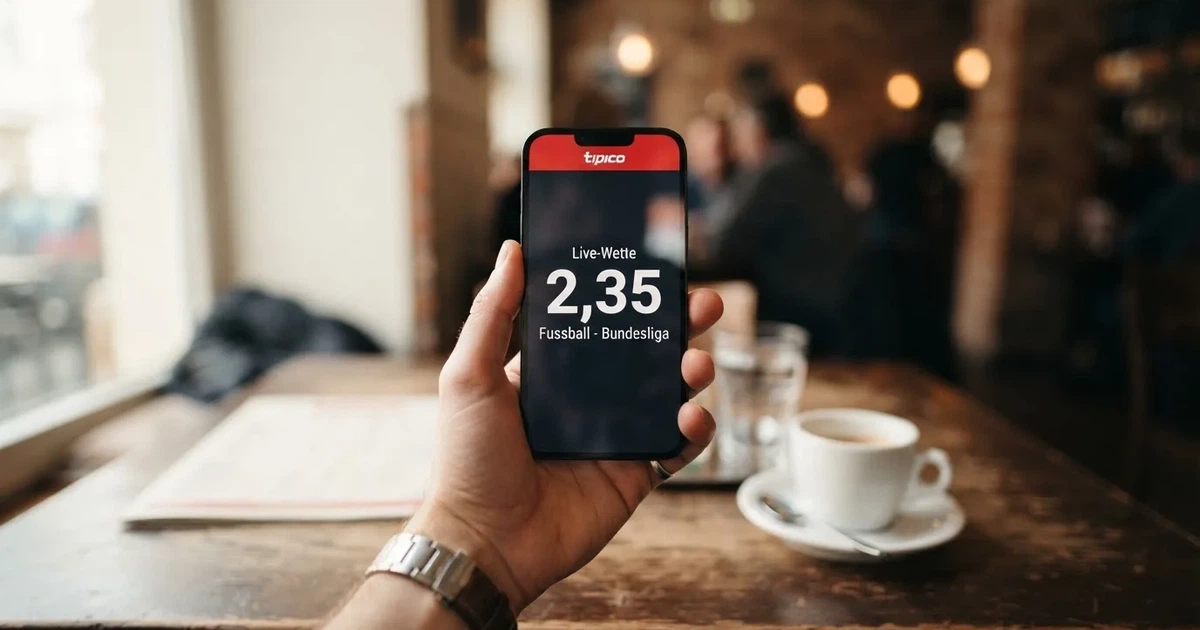 Eine Hand hält ein Smartphone mit dunklem Display, im Hintergrund unscharf ein Café-Tisch mit einer Tasse.