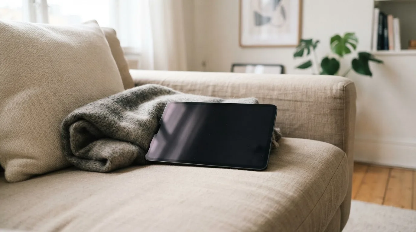 Ein Tablet liegt mit dunklem Bildschirm auf einem Sofa neben einem Kissen und einer Wolldecke.