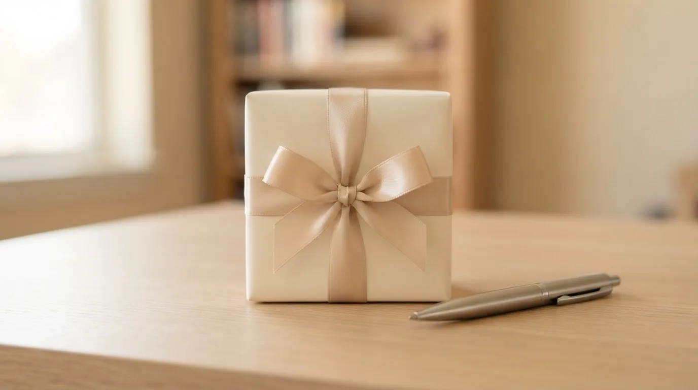 Ein kleines Geschenkpäckchen mit Schleife steht auf einer hellen Tischplatte, daneben liegt ein Kugelschreiber.
