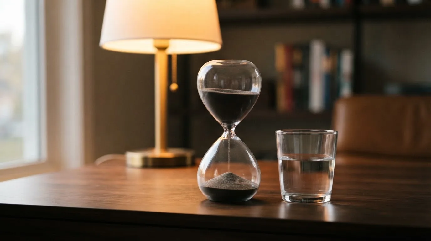 Eine Sanduhr steht neben einem Glas Wasser auf einem Schreibtisch, im Hintergrund eine Tischlampe.