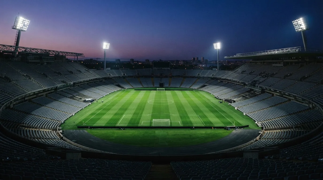 Eine leere Stadiontribüne unter Flutlicht aus der Ferne betrachtet, die Rasenfläche leuchtet grün in der Dämmerung.