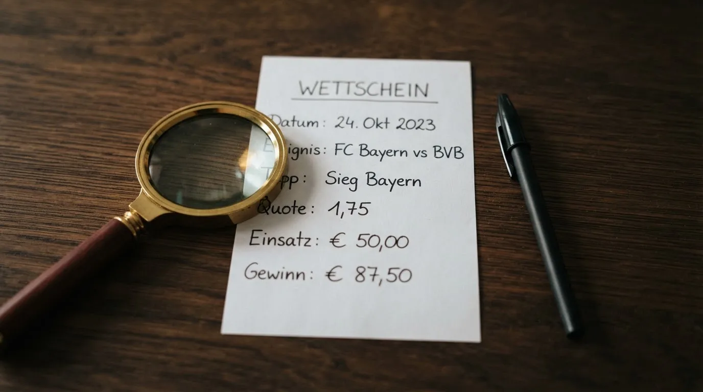 Ein leerer Wettschein aus Papier und ein Kugelschreiber liegen auf einem Schreibtisch neben einer Lupe.