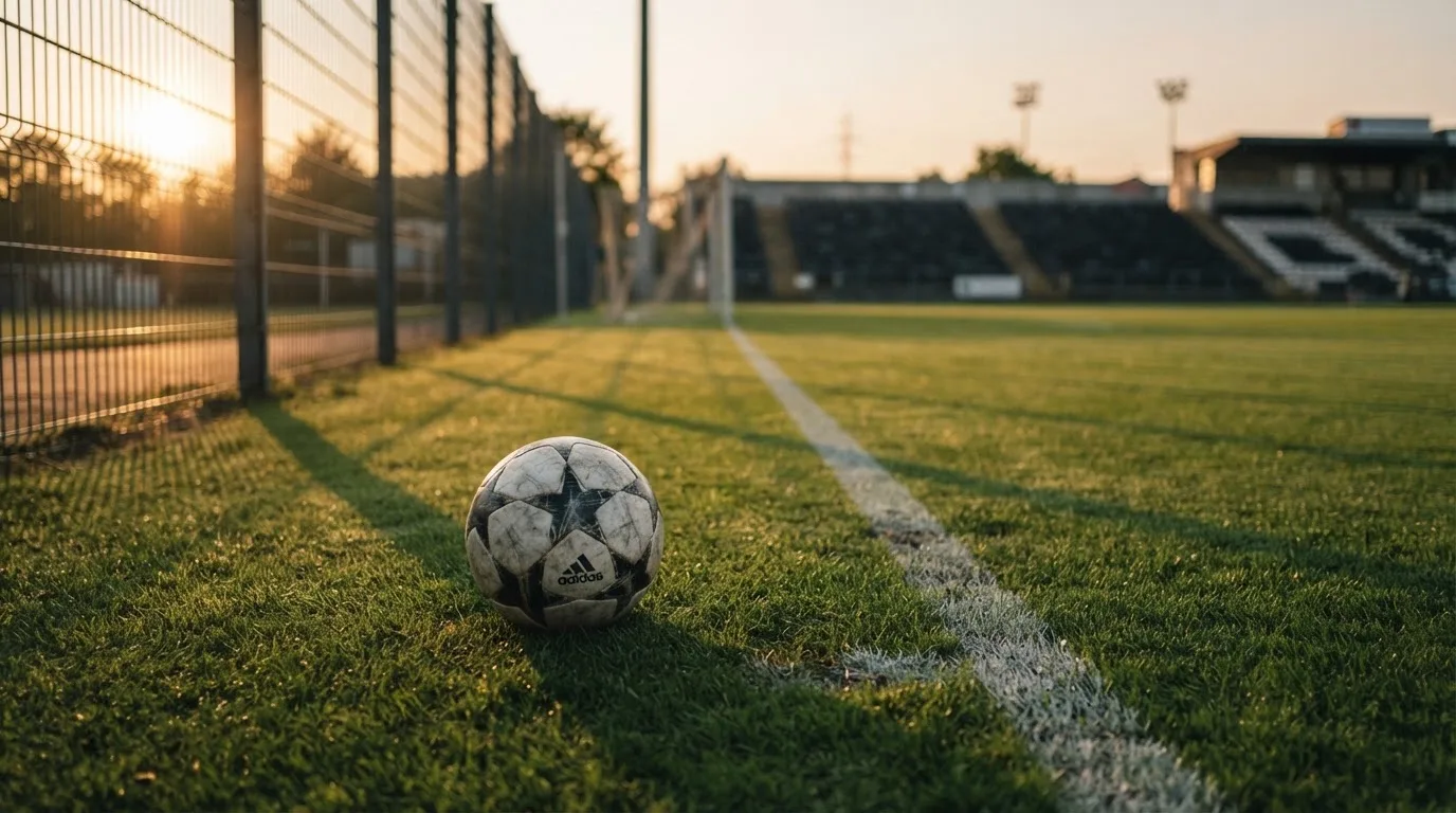 Ein Fußball liegt am Rand eines Rasens neben einer weißen Linie, im Hintergrund ein Zaun in der Abendsonne.