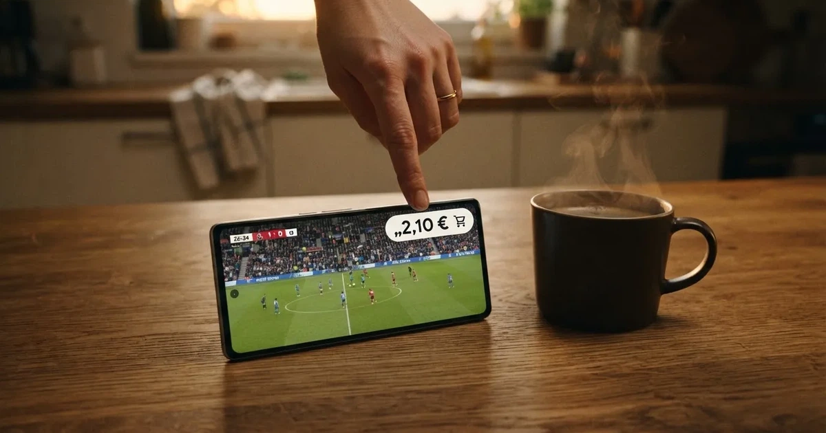 Ein Daumen schwebt über einem Smartphone mit dunklem Display, das auf einem Küchentisch neben einer Tasse liegt.