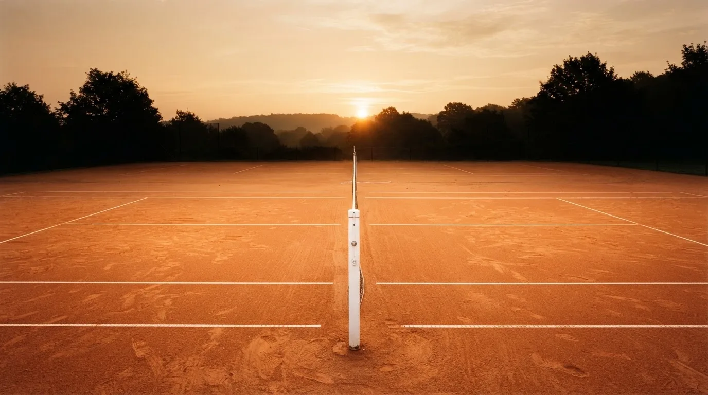 Ein Tennisplatz aus Sand bei Sonnenaufgang, das Netz im Gegenlicht, kein Mensch zu sehen.