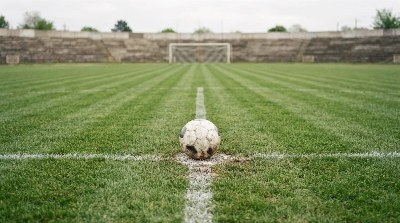 Ein Fußball liegt auf dem Anstoßpunkt eines leeren Rasenplatzes, im Hintergrund eine ruhige Tribüne unter bedecktem Himmel.