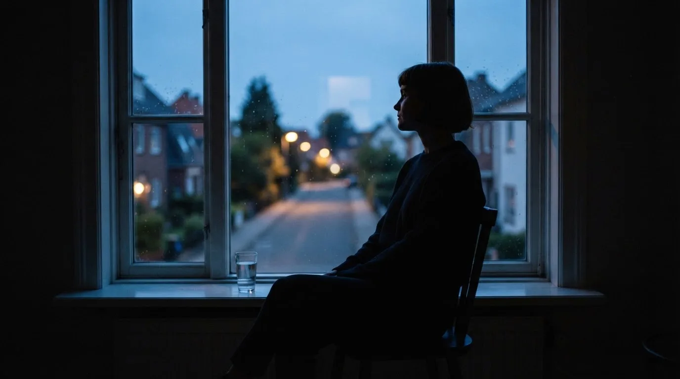 Die Silhouette einer Person sitzt am Abend am Fenster und blickt auf eine Straße, auf dem Fensterbrett steht ein Glas Wasser.