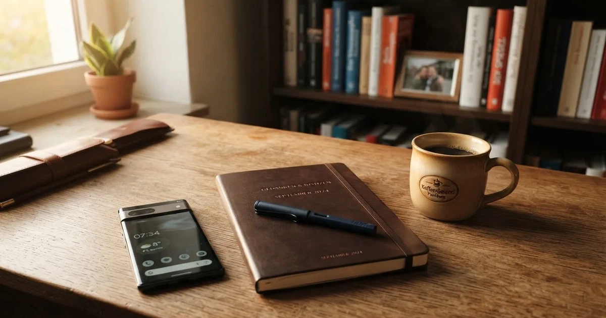 Ein Holzschreibtisch im Morgenlicht mit geschlossenem Notizbuch, Kugelschreiber und Kaffeetasse, daneben ein Smartphone mit dunklem Bildschirm.