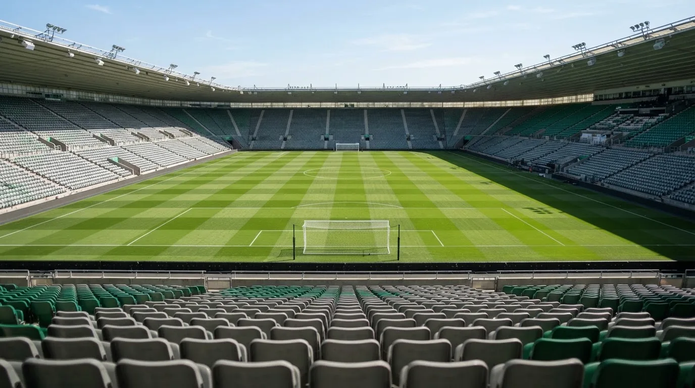 Ein leeres Fußballstadion bei Tageslicht von der Tribüne aus gesehen, der Rasen zeigt gleichmäßige Mähstreifen.